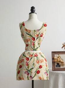 Elamini Tulip Jacquard Scoop Neck Top & Mini Low-Waist Skirt, Spring/Summer - Brown - View 2