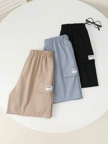 SHEIN 3 件套年轻男孩休闲日常舒适纯色贴袋宽松梭织短裤，多件套适合通勤、上学、休闲、旅行、运动、春夏秋冬
