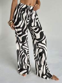 Aloruh 女士新品斑马纹低腰阔腿沙滩罩衫裤，全长长裤，女士度假，乡村音乐会 - 黑與白 - 查看 7