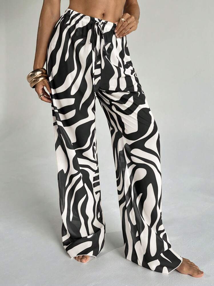 Aloruh Calça Pantalona de Cobertura de Praia de Cintura Baixa com Estampa de Zebra, Comprimento Total, Férias Femininas, Country Concert - Preto e Branco - Visão 7