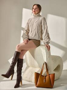 CLARA VERO Women Solid Color Cable Knit Pattern Turtleneck Drop Shoulder Chunky Pullover Turtleneck Sweater Women Cable Knit Sweater Knitted Jumper Winter Sweaters For Women Womens Knitwear Turtle Neck Women Knitted Jumper For Women Womens Winter Sweaters Chunky Knit Sweater,Jumpers,Women's Jumpers