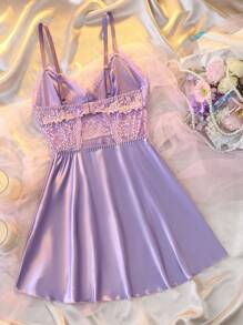 DelicateAllure Sexy Backless Lace Splice Color Block Satin Chemise