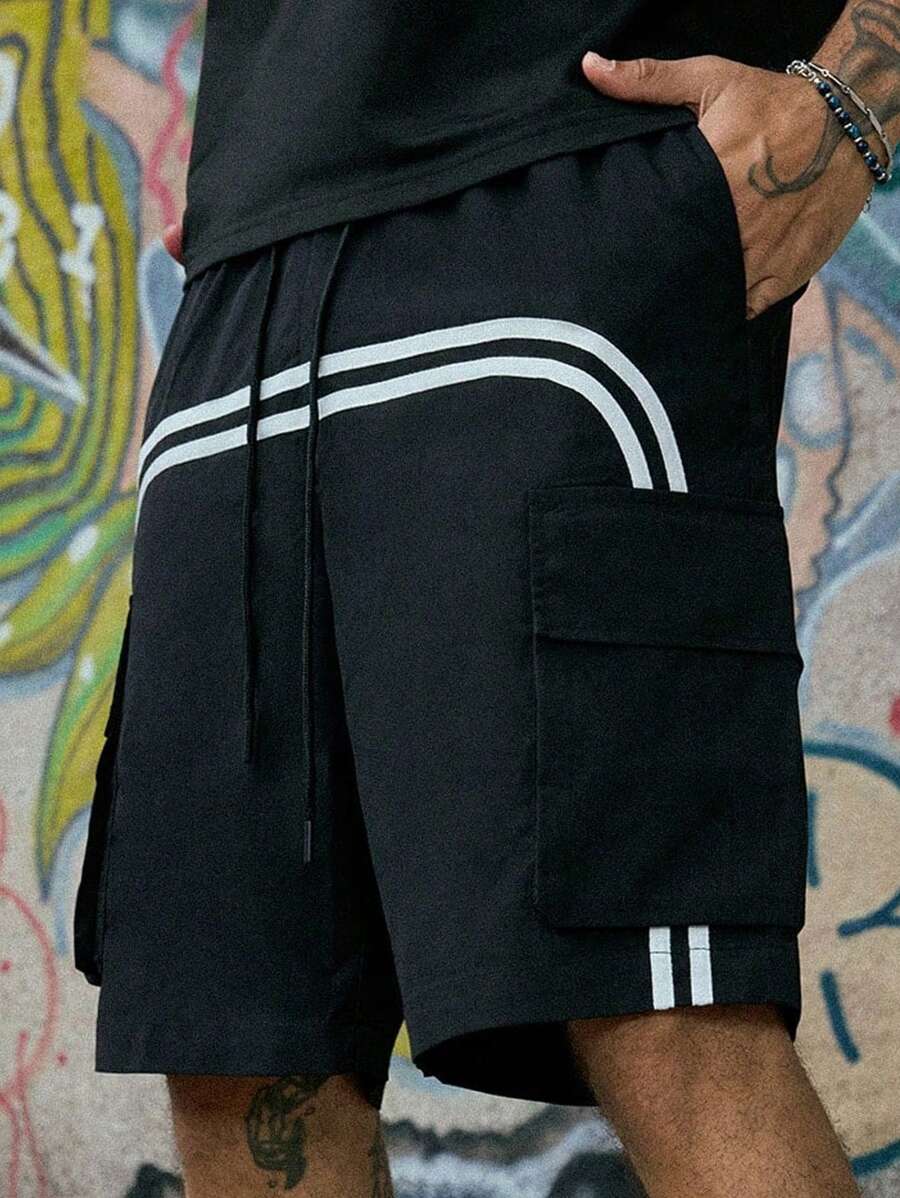 PAVTROS Manfinity Streetrush Men's Drawstring Waist Cargo Pocket Striped Casual Shorts Streetwear Men Shorts Men Street Wear Shorts Hip-Hop Street,Boy Friend Gifts - Black - View 1