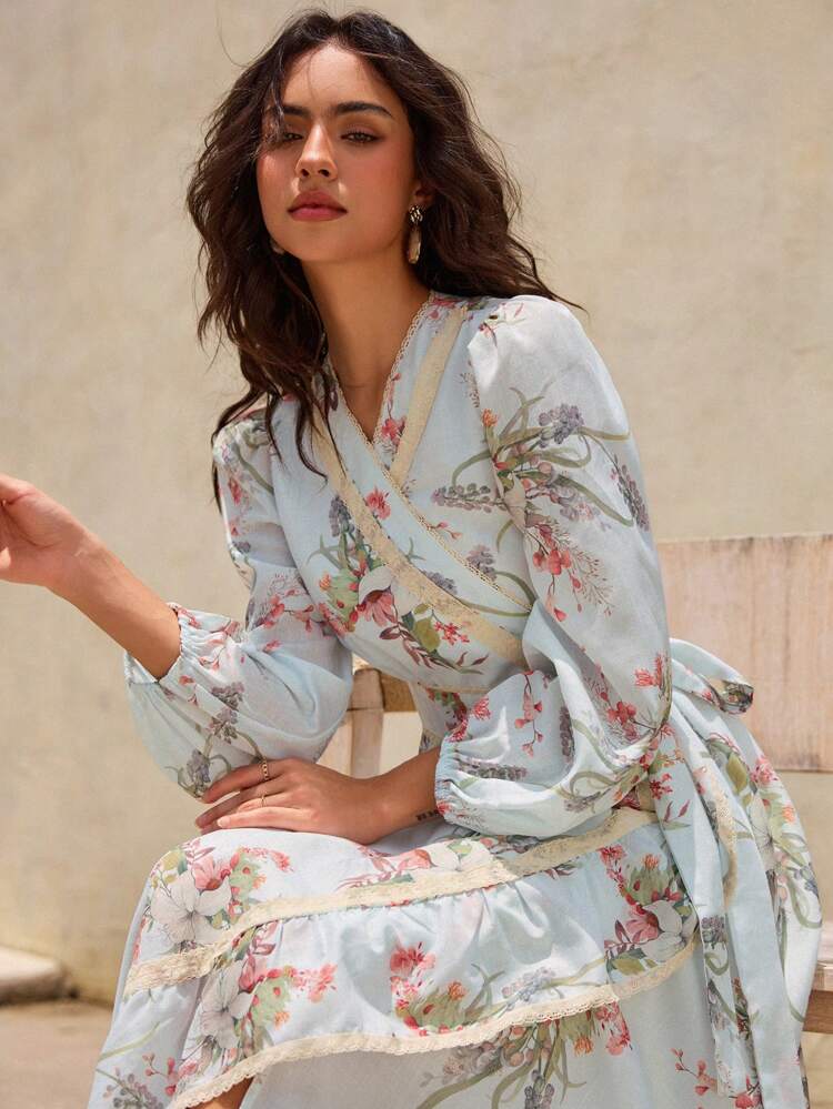 Women's Allover Print Ruffle Hem With Cinched Waist Bohemian Style V-Neck Dress Long Floral Dress Women Long Sleeve Maxi Dress Women Long Sleeve Fall Dresses Floral Wrap Dress Casual Long Dress Vacation Boho