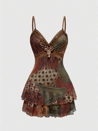 Women's Retro Hippie Vintage Style Ruffled Ribbon Lace Paisley Print Mini Dress