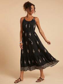 Travachic Women's Holiday Plant Print Ruffle Hem Spaghetti Strap Dress,Fall Women Clothes,Autumn Clothes,Fall Dresses For Women ,Fall Outfits Women,Fall Outfits, Modest Dresses For Women,Old Money Style Women