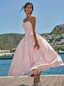 Enchnt Spring/Summer Romantic Women's Pastel Pink Floral Print Strap Princess Maxi Dress,Sweet&Elegant For Vacation&Date&Holiday&Party&Graduation&Wedding Guest&Beach,Prom Dress,Summer Dresses For Women,Sun Dresses For Women,Summer Clothes