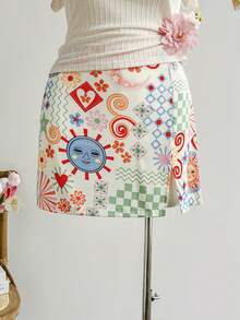 Soleia 大码女式度假风格缎面印花前侧开衩直筒修身太阳元素彩色图案印花夏季半身裙，圣诞服装 - 彩色 - 查看 5