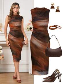 Ellevyn 夏季女式无袖褶皱花卉印花网眼针织连衣裙 - 咖啡 - 查看 3