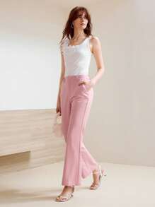 MOTF STUDIO SOLID SLANT POCKET SEAM FRONT FLARE LEG SUIT PANTS - Pink - View 1