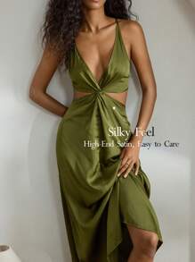Ocili Ocili Vestido largo de satén sedoso y cómodo con tirantes retorcidos, estilo minimalista, camisón de descanso para damas