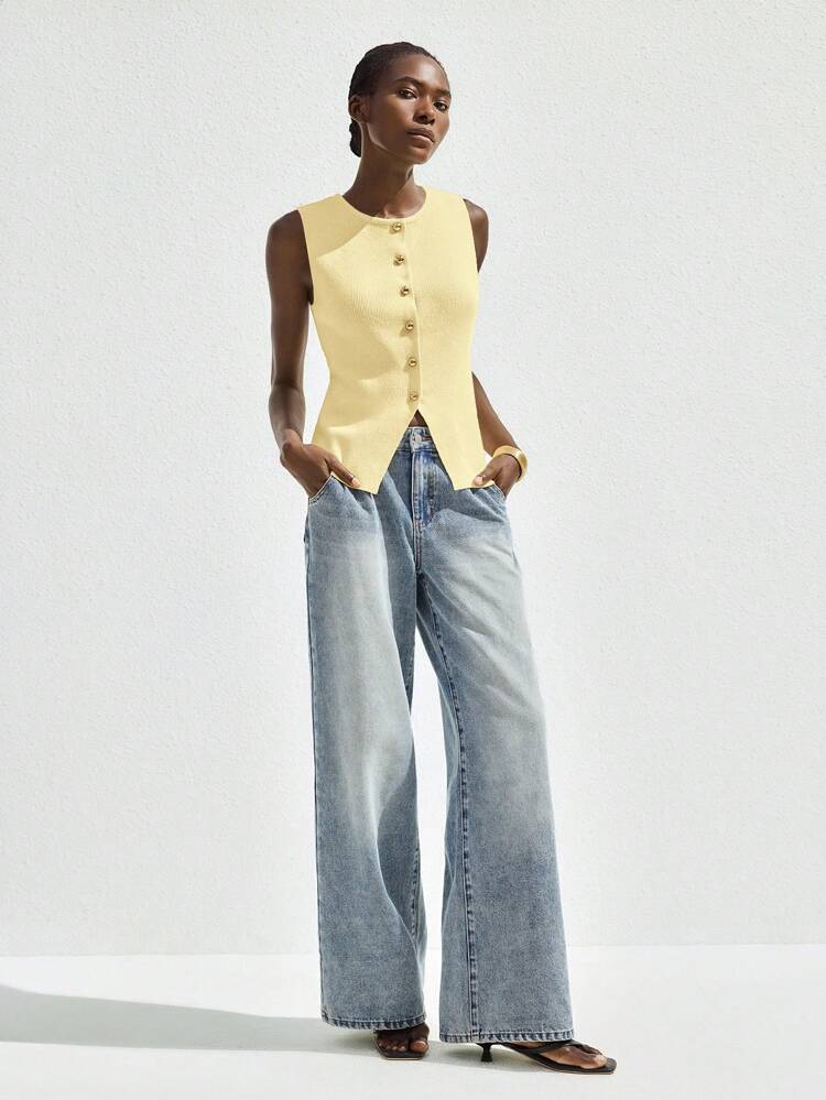 SHEIN Maija Women's Solid Color Front Button Sleeveless Knit Top, Versatile, Suitable For Commuting, Office Wear, And Teacher's Attire. Vacation Summer Going Out Graduation