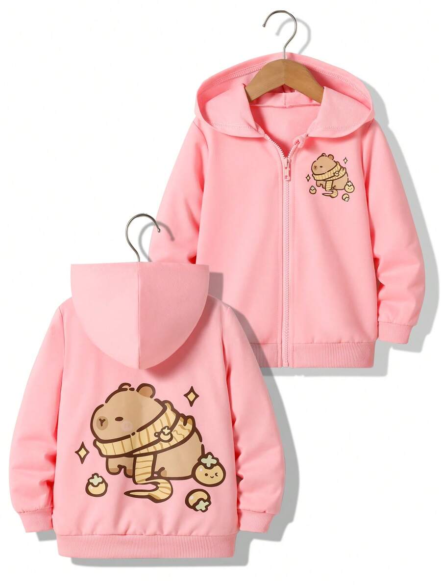 女童粉色休闲卡利巴连帽拉链夹克，宽松百搭设计 - 粉色 - 查看 1