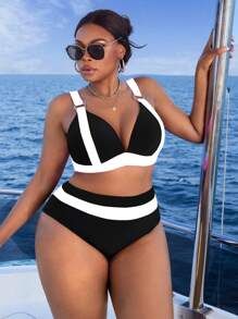 Slaydiva 大码女式两件套泳衣，纯色拼接聚拢加厚文胸宽肩带搭配高腰三色泳裤，时尚性感沙滩度假比基尼套装