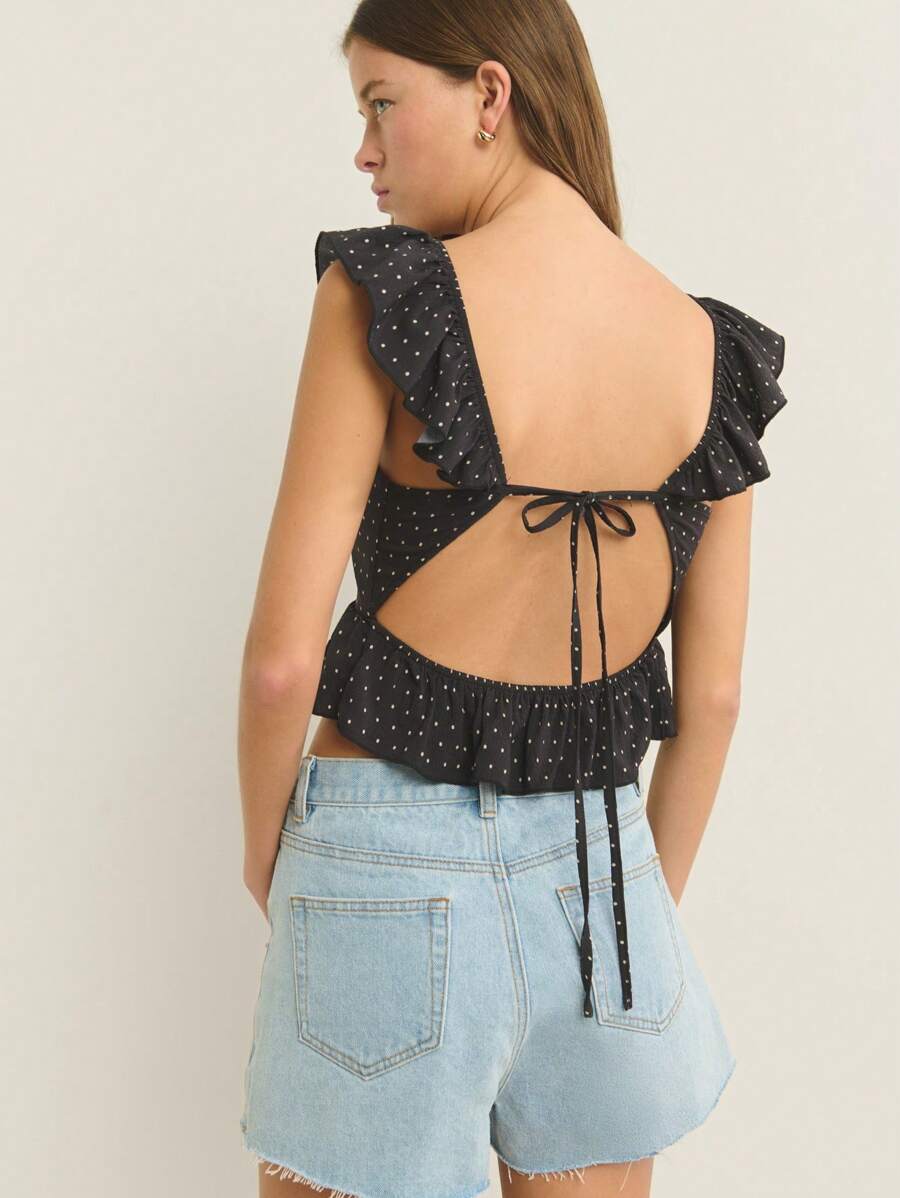 Nöista 方领荷叶边褶裥上衣，点状纹理，轻盈透气面料；完美打造海滩和休闲骄傲庆典造型，百搭机场夏季背心。 - 黑色 - 查看 1