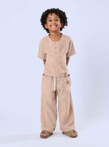 SUMWON Cozy Kids Cheesecloth Two Piece Summer Set Drawstring Pants Wide Leg Henley Top Natural Cotton Style Casual Everyday Wear - Khaki - View 8