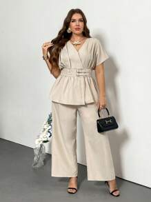 Firerie Plus Size Spring/Summer Comfortable Casual Elegant Daily Office Versatile Bamboo Knit V-Neck Top And Straight Leg Wide Pants 2 Pieces Set For Women