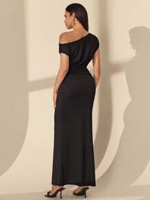 Almamuse Women's Slim Fit Oblique Shoulder Jacquard Weave Dress - Black - View 2