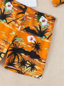 Conjunto de traje de baño de manga larga con estampado de palmeras lindo para niños, ideal para vacaciones en la playa en verano - Amarillo - Ver 5