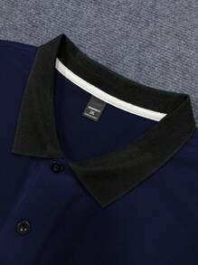 Manfinity Homme Áo thun polo tay ngắn in khẩu hiệu mùa hè cỡ lớn dành cho nam, phù hợp mặc đi làm và mặc hàng ngày, áo thun polo chơi golf họa tiết khối màu - Màu xanh hải quân - Xem 4
