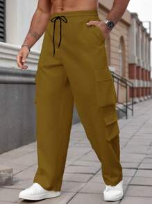 Manfinity Homme Plus Size Men's Drawstring Waist Cargo Pockets Loose Casual Pants - Brown - View 5