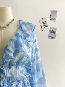 Soleia Plus Size Women's Holiday Chiffon Pink Floral Print Ruffle Collar Self-Tie Front Long Sleeve A-Line Blouse, Autumn/Winter, Suitable For Valentine's Day Blue Floral Top Women Summer Clothes Set Summer Tops Short Sets For Women Vacation Blue Summer Tops