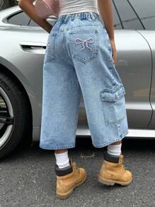 SHEIN ICON 女式宽松工装口袋阔腿休闲七分牛仔裤 - 藍色 - 查看 2