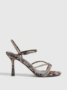 CUCCOO SZL Tacones de aguja de satén con estampado de leopardo y correa con strass plateados, sandalias de tacón alto puntiagudas elegantes y glamorosas para eventos - Multicolor - Ver 8