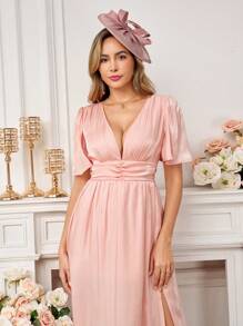 Ellevyn 优雅女士褶饰腰带喇叭下摆开衩中长连衣裙，奢华感适合社交场合 - 藕粉色 - 查看 7