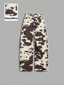 SHEIN PETITE 女式休闲口袋牛纹宽腿宽松牛仔裤，百搭