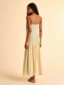 CAJUNI Women's Vacation Khaki Knitted Textured Fabric Front Metal Accent Strappy Splicing Semi-Sheer Chiffon Long Dress, Suitable For Summer Vacation And Dates - Khaki - View 3