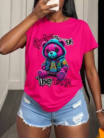 Maweii Große Größen Damen Teddy Bär T-Shirt - Zitronenlimonade aus Zitronen machen Shirt | farbenfroher Tropfen künstlerisches T-Shirt | Vibrierende grafische T-Shirts | Unisex abstraktes Design | vibrierende verspielte Bär Grafik Tees Damen Oberteile