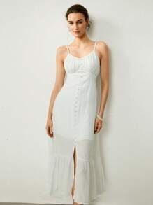 Uhlyne Casual Commute Vacation Textured Crinkle Fabric Ruched Bodice Split Midi Dress - White - View 8