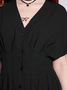 ROMWE Grunge Punk Gaun Kasual Wanita Warna Polos Lengan Kelelawar, Musim Panas - Hitam - View 5