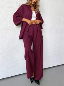 Aveloria Modichic 2pcs/Set Women Blended Side Slit Loose Shirt And High Waist Wide Leg Pants Elegant Business Casual Women  - Burgundy - View 2