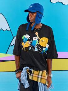 ROMWE MEN Adventure Time X ROMWE 男士不对称印花拼布短袖 T 恤，宽松短款