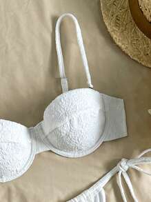 Swim Mod 春假纹理面料细肩带性感比基尼两件套海滩装，节日波西米亚风格 - 白色 - 查看 3