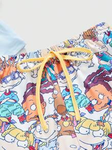 Nick 90's X ROMWE Conjunto de pijama informal con top de manga corta y shorts con estampado de dibujos animados