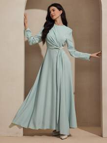 Graceveil Đầm dài phong cách Ả Rập bồng bềnh cổ tròn không đối xứng đính ngọc trai trang trí cho nữ - Màu xanh nhạt - Xem 5