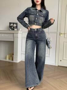 DAZY 2 Stücke Damen Retro Gewaschen Denim Jacke & Weite Hose Set, Lässiger Loose Streetwear Outfit, Herbst/Frühling, Damen Kleidung