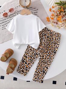Genkimix Kids Baby Girls Cute Bowknot Print White Crew Neck Short Sleeve Top Paired With Comfortable Leopard Casual Pants, T-Shirt Set, Spring/Summer Baby Girl Leopard Outfit Leopard Print Baby Clothes Baby Girl Cheetah Outfit Newborn Baby Girl Outfit Baby Girl Animal Print Outfit