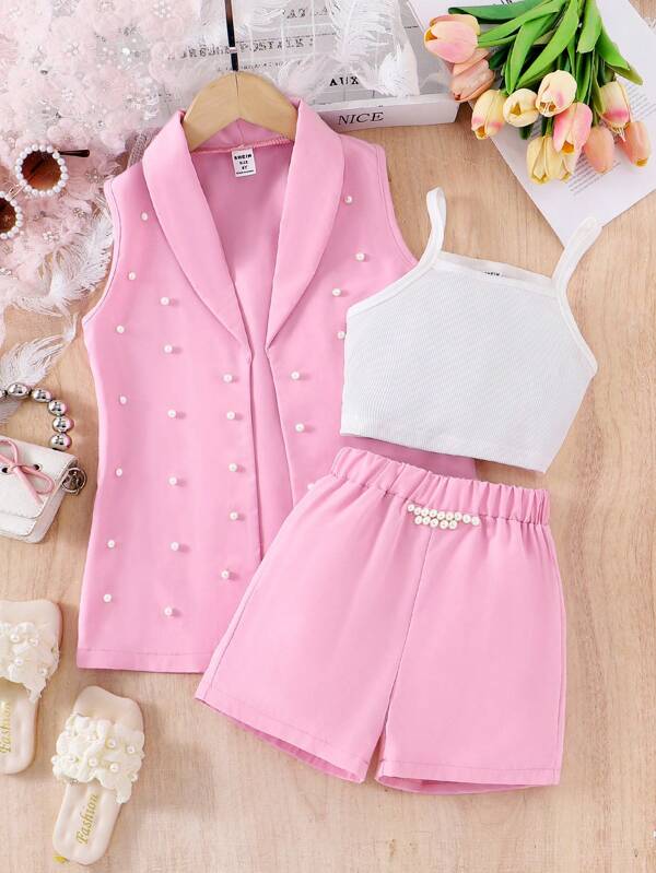 SHEIN 3 pièces/set Tenue de cérémonie pour jeune fille, blazer rose (petit) pour fille, débardeur avec perles, shorts, tenue élégante d'été pour vacances