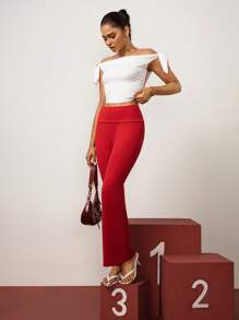 Hanevo Pantaloni a zampa da donna con doppia fascia in vita, stile casual sportivo, di colore rosso - Rosso - Visualizzare 6