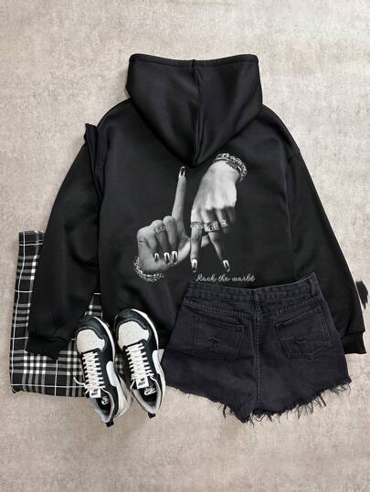 SHEIN 黑白图案印花休闲宽松连帽衫，适合少女，秋冬季