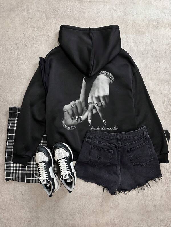 SHEIN Casual Teen Girls Black & White Printed Pattern Loose Fit Long Sleeve Hooded Sweatshirt, Suitable For Autumn/Winter
