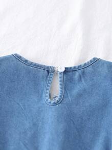 SHEIN Vestido casual de niña con mangas de farol, decorado con moño y lavado en azul denim, adecuado para primavera y verano, uso diario, actividades al aire libre, fiestas escolares y ocasiones