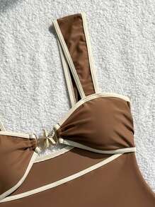 Swim Vcay 女士度假沙滩黑白尼龙面料连体泳衣 - 咖啡棕 - 查看 4