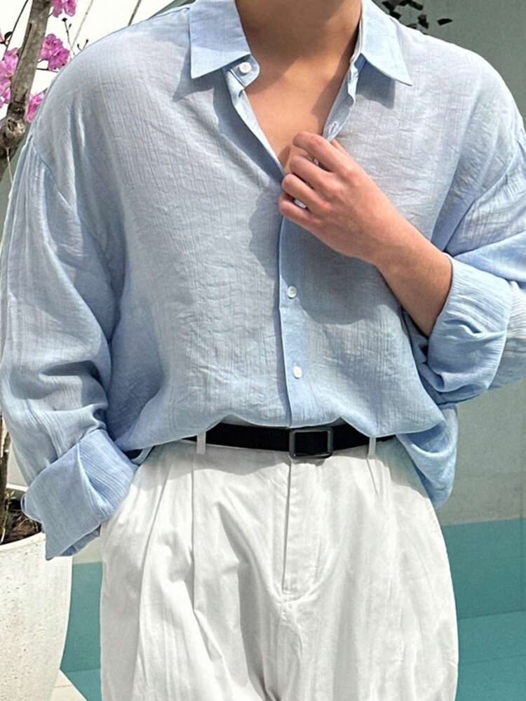 Spring/Summer Men's Solid Blue Textured Linen Style Shirt, Fall