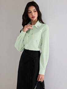 Heiryn 女式水钻装饰落肩长袖单排扣优雅衬衫