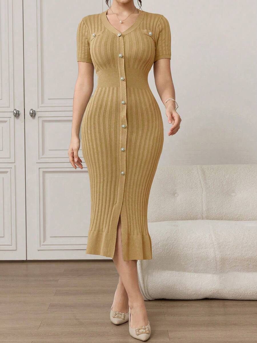 Modelyn 女式纯色单排扣短袖鱼尾下摆修身针织连衣裙 - 駝色 - 查看 1